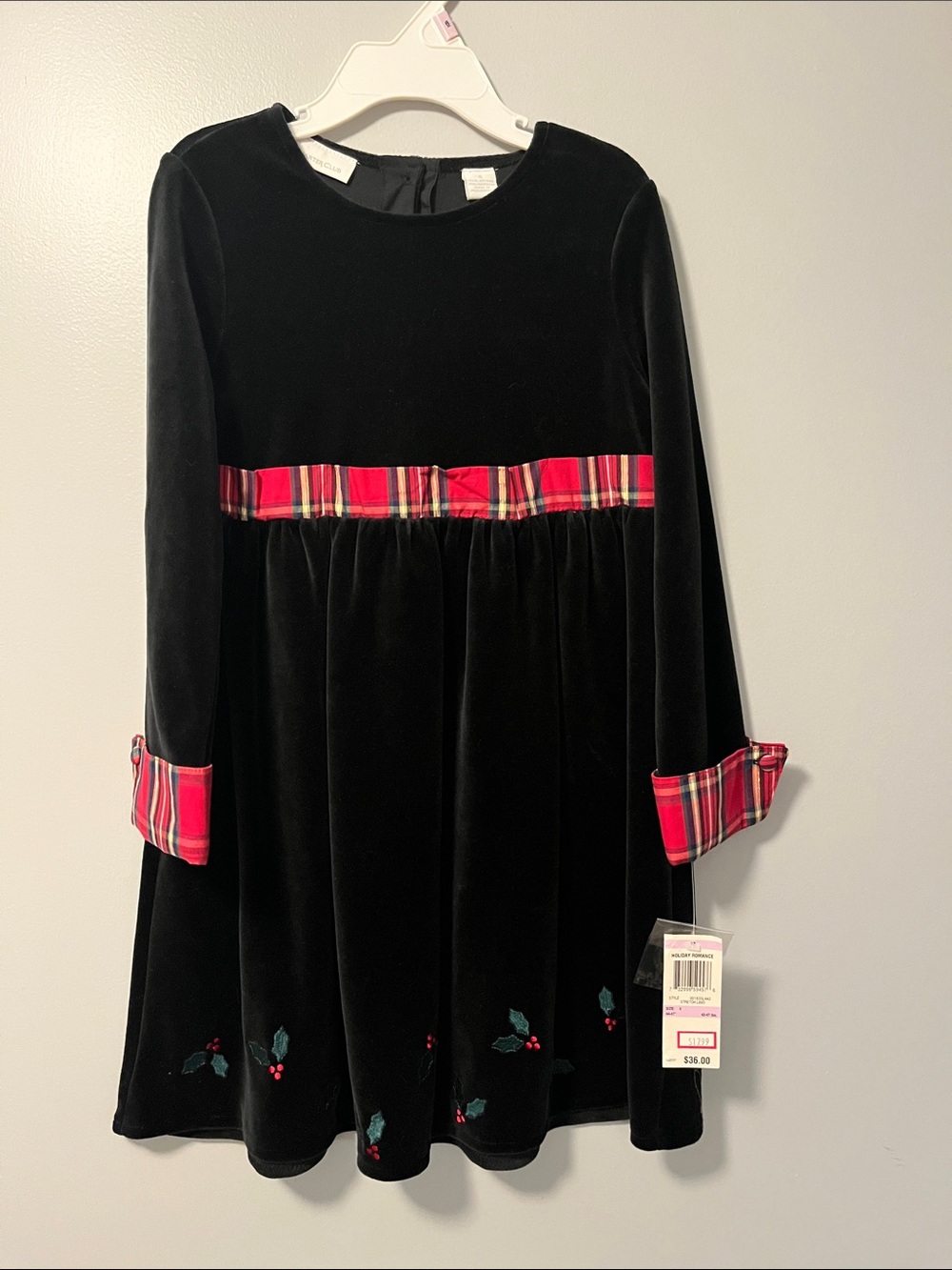 Charter Club Black Velvet Girls' Dress with Red Plaid Trim
